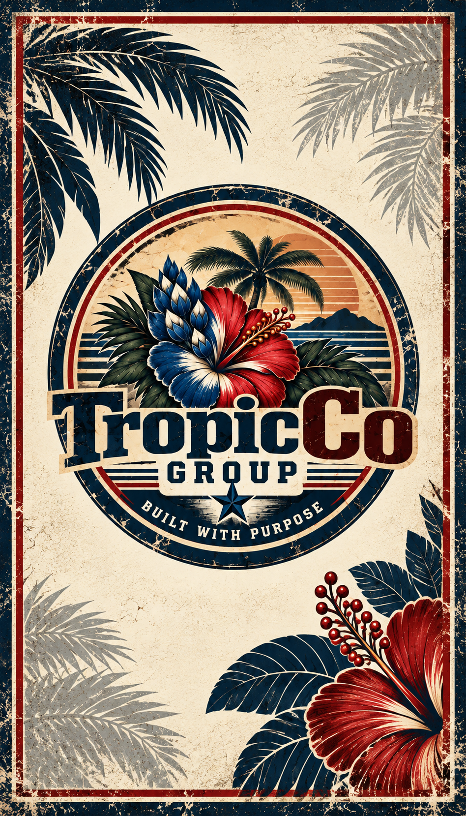 TropicCo Group — Built with Purpose, emblema tropical con flores y palmera